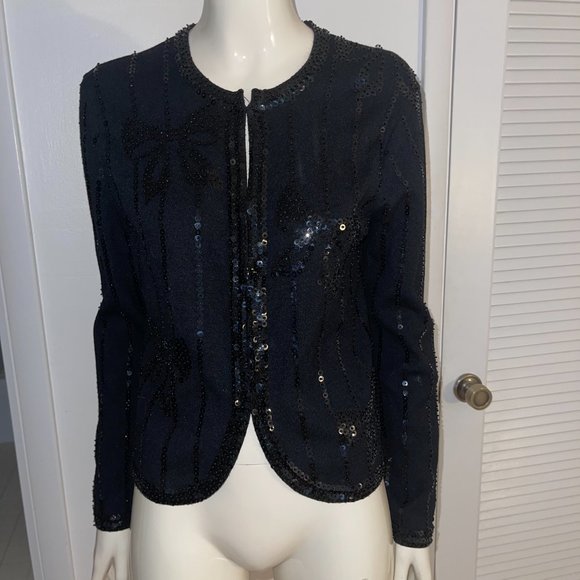Ladies black jacket with black sequins, with front hooks, sz MED - Picture 3 of 16